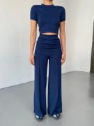 Osy Modal Yumuşak Dokulu Kumaş Kısa Kollu Crop Rahat Pantalon Ikili Takım - Lacivert resmi